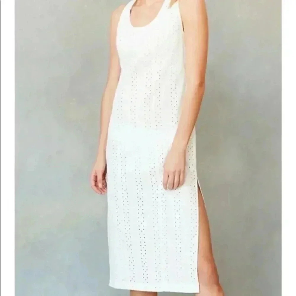 KIMCHI BLUE WHITE EYLET COLUMN MIDI DRESS